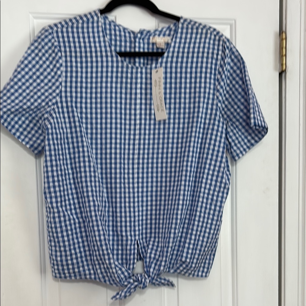 Finn & Grace Blue and White Gingham Tie-Front Blouse, Size M